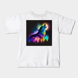Neon Wolf Howling at the Moon 1 Kids T-Shirt